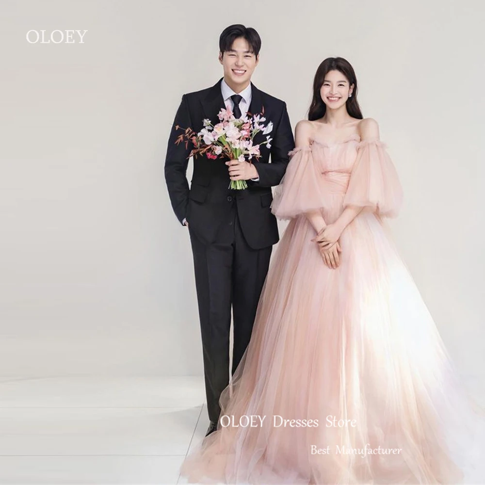 OLOEY Fairy Tulle Blush Pink Evening Dresses Wedding Photoshoot Korea Puff Sleeves Pregnant Women Prom Gowns Formal Party