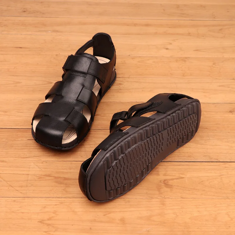 LIHUAMAO Cow Leather Sandals for Men Shoes Ankle Strap Gladiator Sandals Casual Outdoor Walking Hiking Footwear Sneaker
