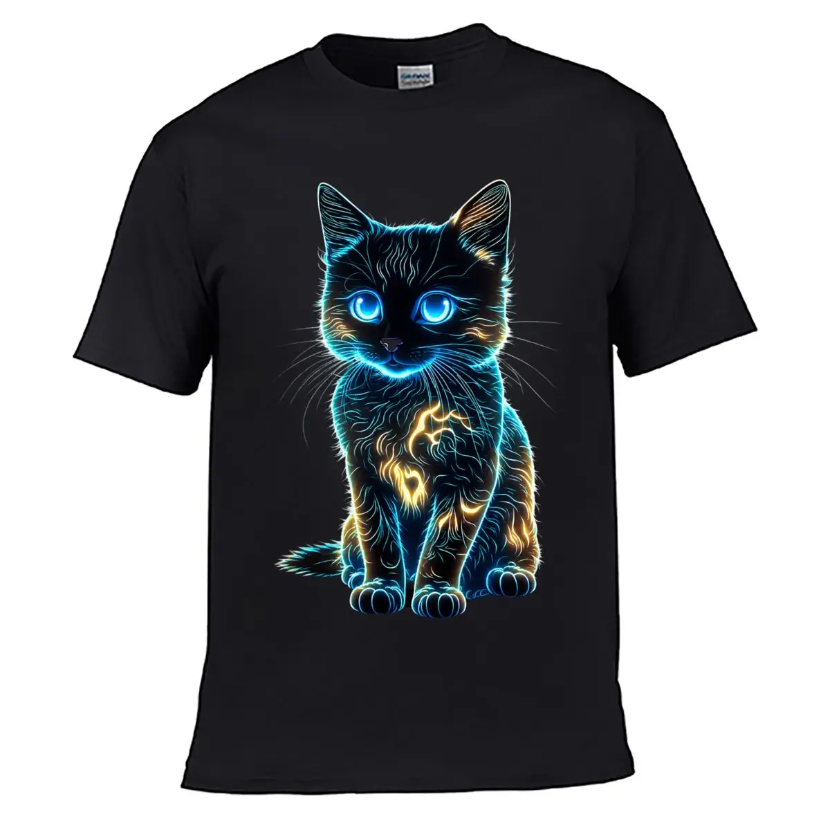 Camiseta informal de corte holgado con estampado futurista de un gatito negro que brilla en la oscuridad.
