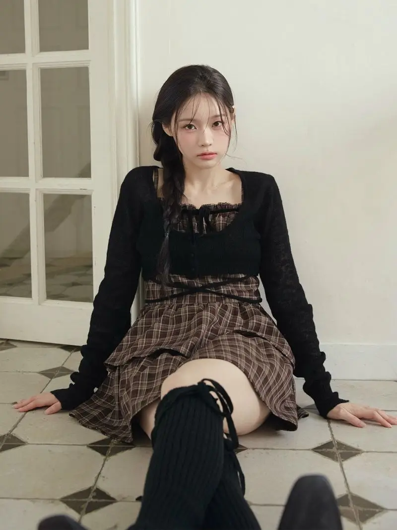 cute-ballet-style-plaid-dress-with-bow-two-piece-set-sweet-leaf-a-line-skirt-long-sleeve-ladies-casual-autumn-winter