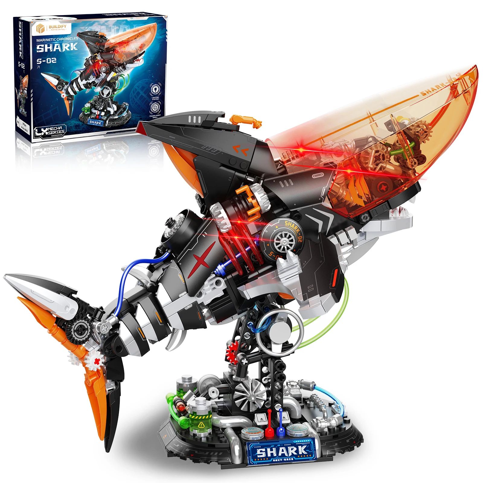 

Mechanical Shark Building Blocks Set 1076PCS, Mecha Fish Model with Lights, Sci-Fi Desktop Decoration, Gift for Adults & Kids