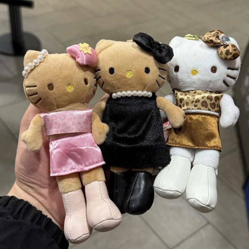 10 cm schwarzer Leopardenmuster-Katze-Plüsch-Schlüsselanhänger, Cartoon-Motiv, niedlich, langbeinig, miauenrosa, Plüsch-Rucksack-Anhänger, Liebe, Schlüsselanhänger, Freund-Geschenke