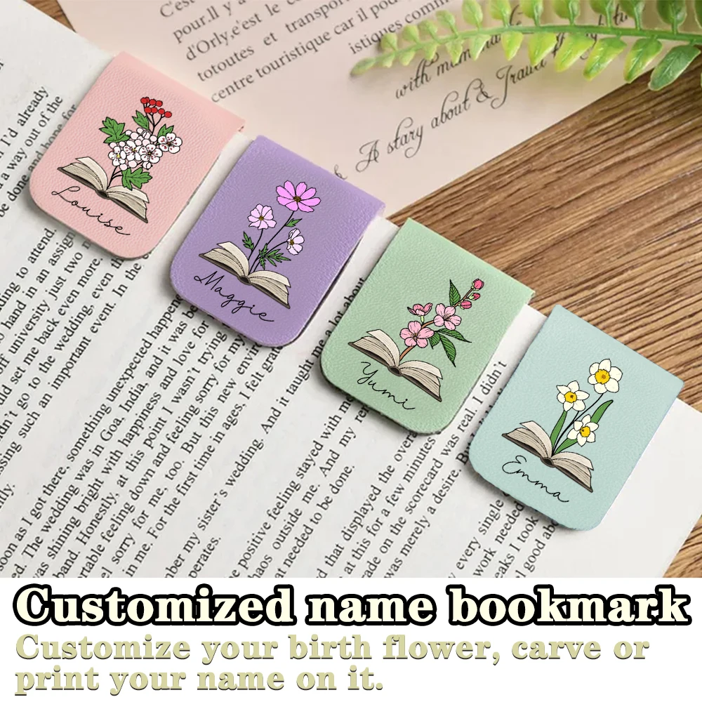1 قطعة إشارة مرجعية اسم مع زهرة الشهر ، إشارة مرجعية مخصصة من الجلد لشهر زهرة الشهر ، إشارة مرجعية مغناطيسية شخصية ، هدية عيد ميلاد لمحبي الكتب