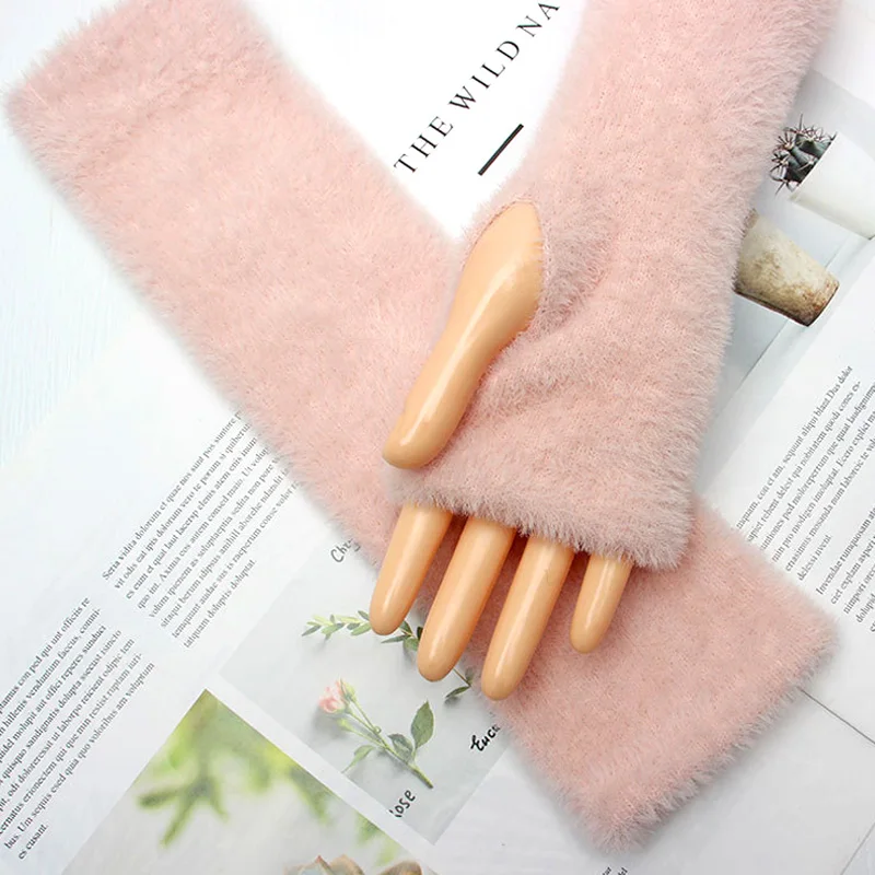 

Plush Gloves Women Winter Thicken Coral Fleece Long Arm Touchscreen Fingerless Gloves Warm Knitted Half Finger Outdoor Mittens