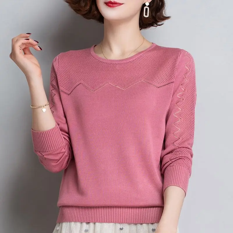 2023 New Spring Fashion Solid Color Round Neck Hollow Knitted Long Sleeve Temperament Commuter Loose Women's Casual Sweater