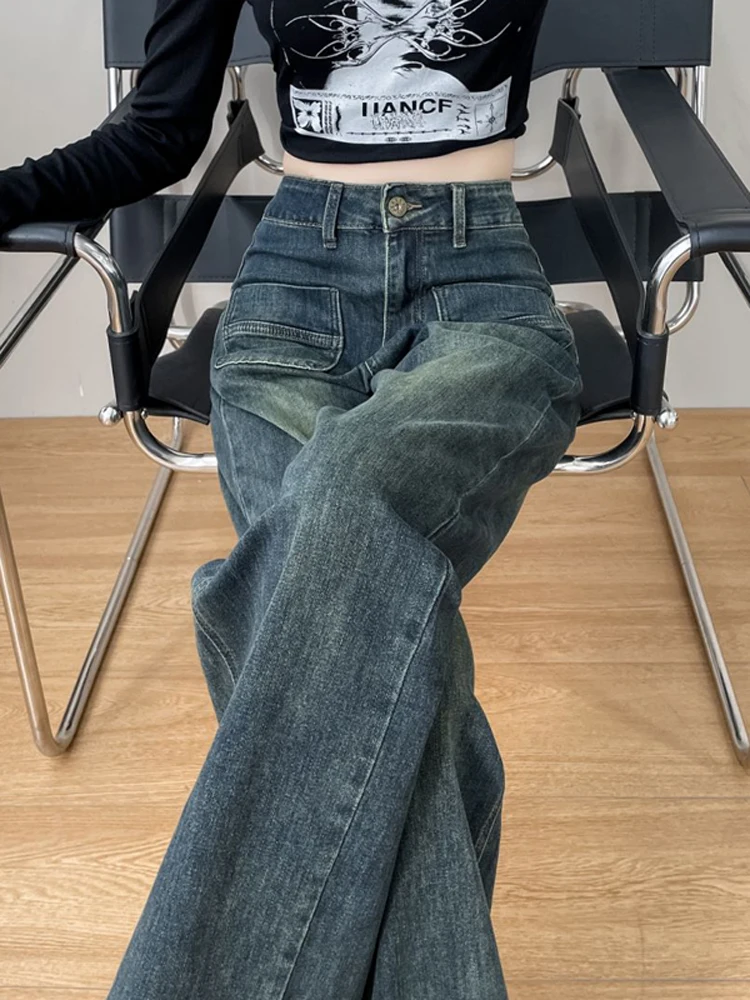 بنطلون جينز نسائي بخصر عالٍ وساق واسعة، تصميم ضيق مستقيم لفصلي الربيع والخريف، مقاس صغير مريح ومرن من الدنيم الأزرق