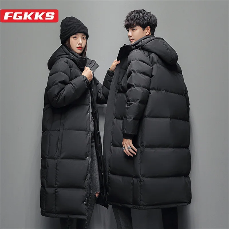 FGKKS 2024 Outdoor Casual Down Jacket For Men Long Warm Hooded Jacket High Quality Design Casual Down Jacket Male Coats