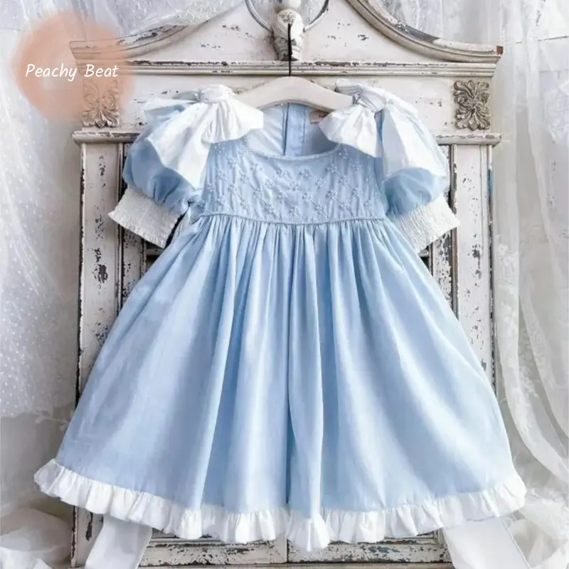 Baby Girl Princess Cotton Bow Pearl Dress Infant Toddler Child Ruffled Spanish Blue Vestido Birthday Party Baby Clothes 18M-7Y