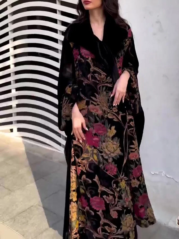 Elegant V-neck Splicing Robe Windbreaker Women's Casual Long Sleeve Draped Loose Jacket Fashion Flower Print Color Blocked Coats