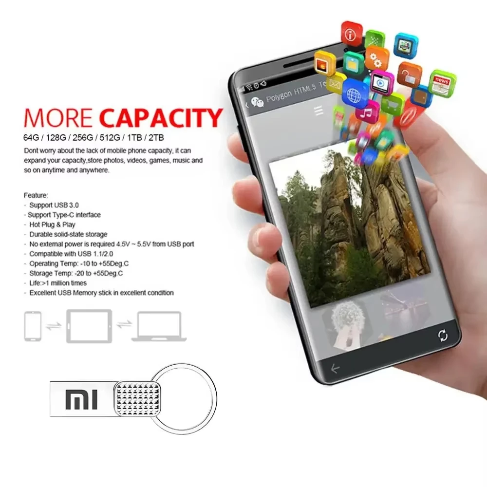 محرك فلاش Xiaomi 2 تيرا بايت USB 3.0 محرك قلم عالي السرعة 1 تيرا بايت معدني مقاوم للماء من النوع C ذاكرة USB لأجهزة تخزين الكمبيوتر قرص U