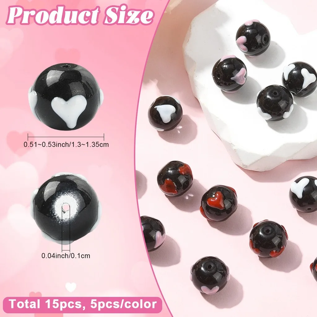 15Pcs Mixed Color Handmade Glass Enamel Round Heart Beads Dyed & Heated DIY Keychain Jewelry Supplies