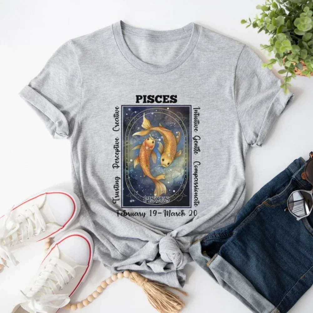 2025 Pisces Women's Shirt Zodiac High Quality Pisces T-shirt Gift Fashion Casual Zodiac Astrology Pisces Birthday Gift Tee Tops