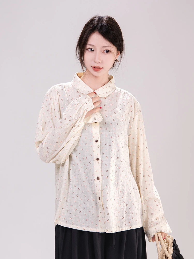 

Sweet Cherry Floral Print Bubble Cotton Long Sleeve Shirt Women's Spring Style Loose Fit Button up Casual Top