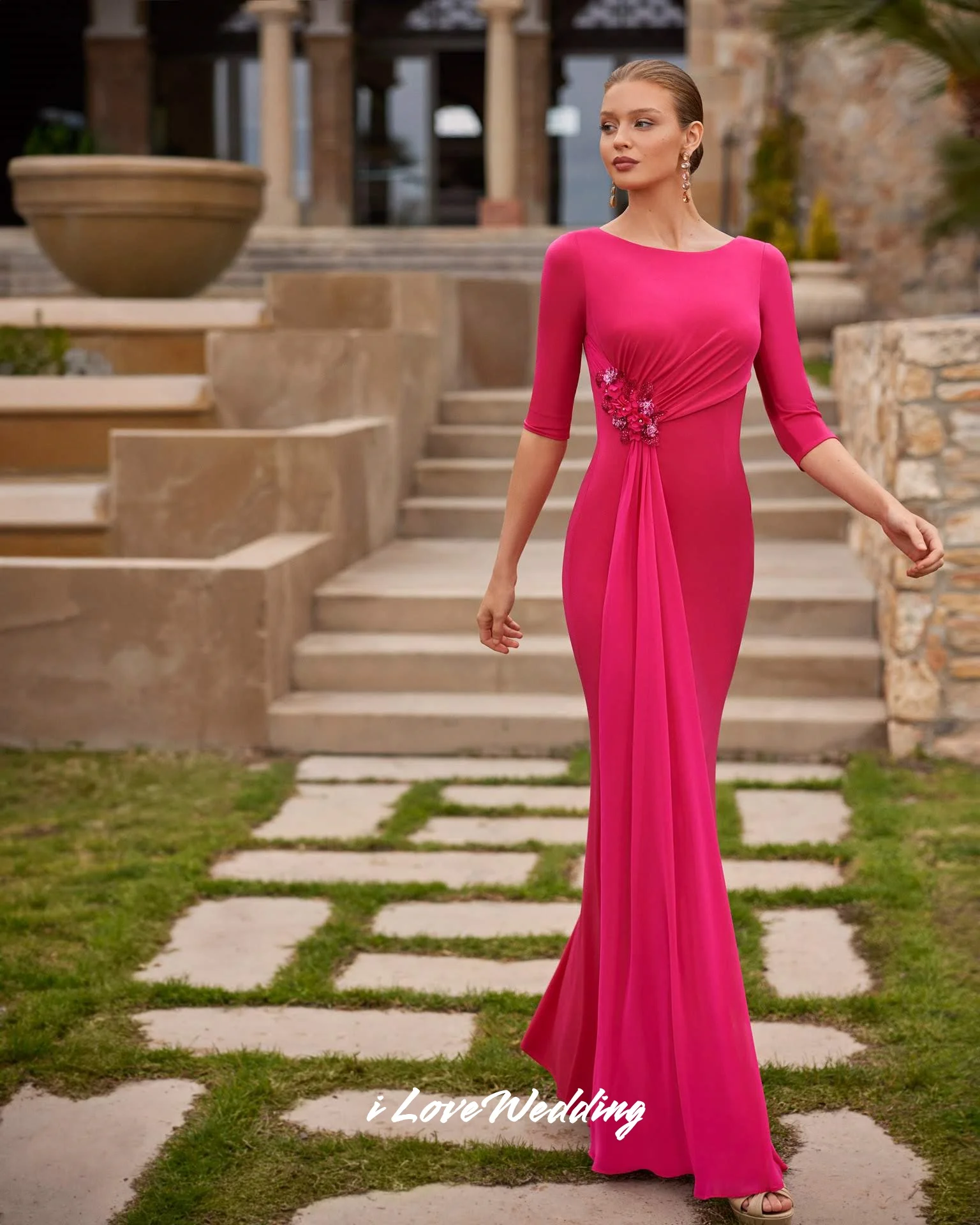 2025 여성용 O넥 이브닝 드레스, 하프 슬리브 플라워 비즈 머메이드 백리스 플로어 기장 플리츠 웨딩 파티 드레스 맞춤 제작