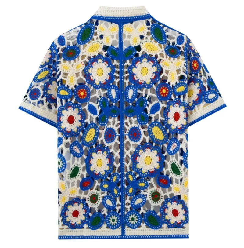 Vintage Boho Blumenmuster Häkel-Strickhemd für Herren Buntes Durchbrochenes Kurzarm-Hemd mit Knöpfen Y2K Streetwear Strand-Urlaubs-Oberteil – Detail 5