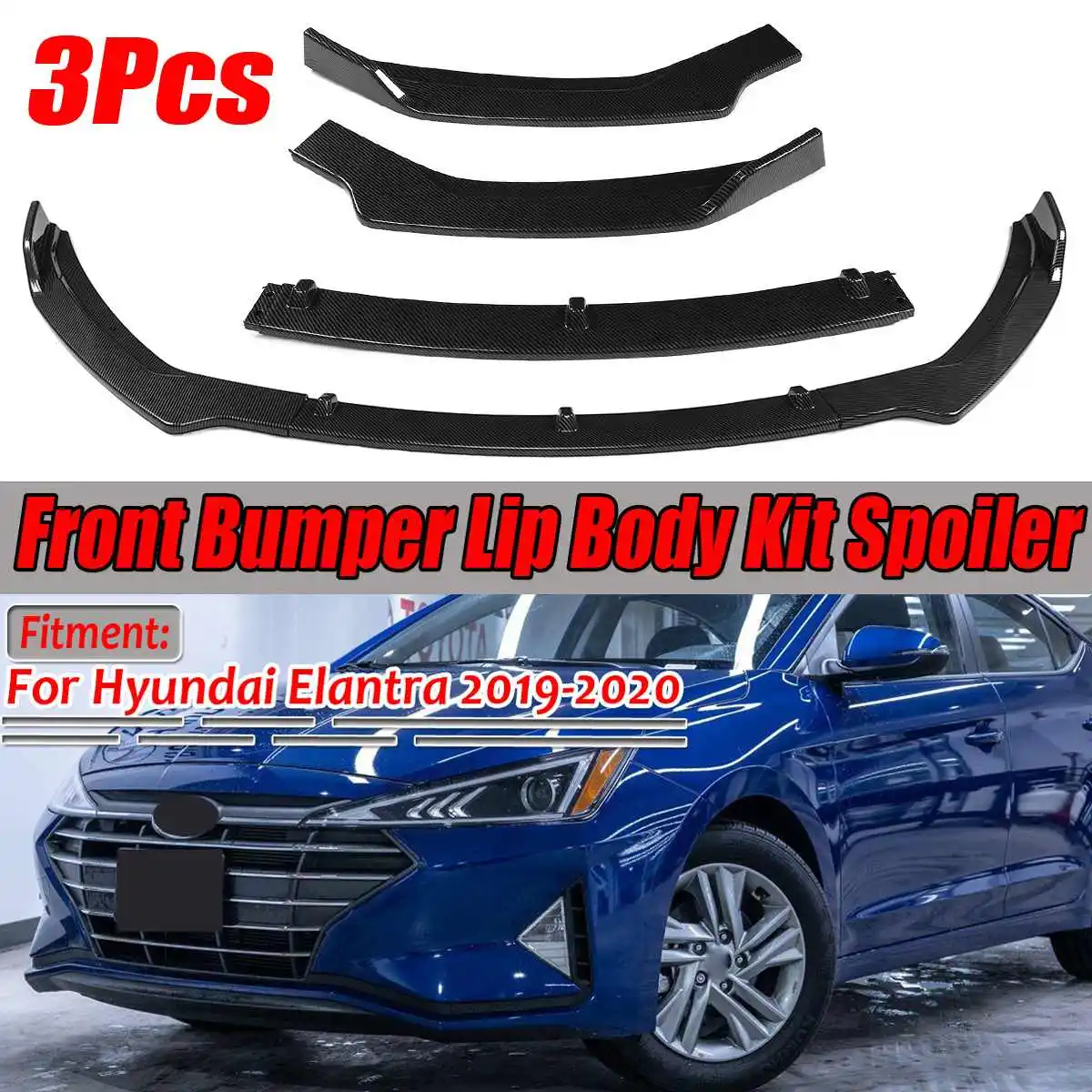 3PCS Car Front Bumper Splitter Lip Diffuser Spoiler Protector Cover Trim For Hyundai Elantra 2019 2020 Front Bumper Lip Guard