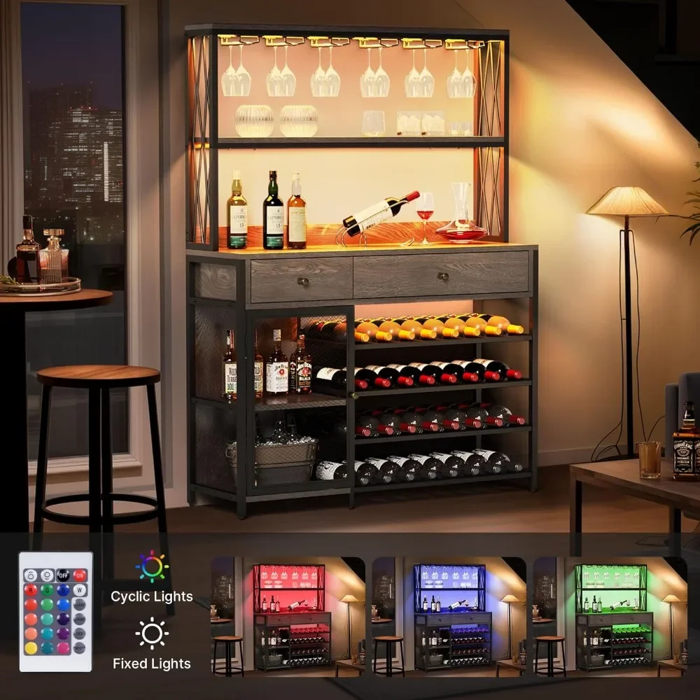 Imagem -03 - Grande Wine Rack Gabinete para Copos de Licor Coffee Bar com Luzes Led Porta Prateleiras e Gavetas Casa e Cozinha 47 in