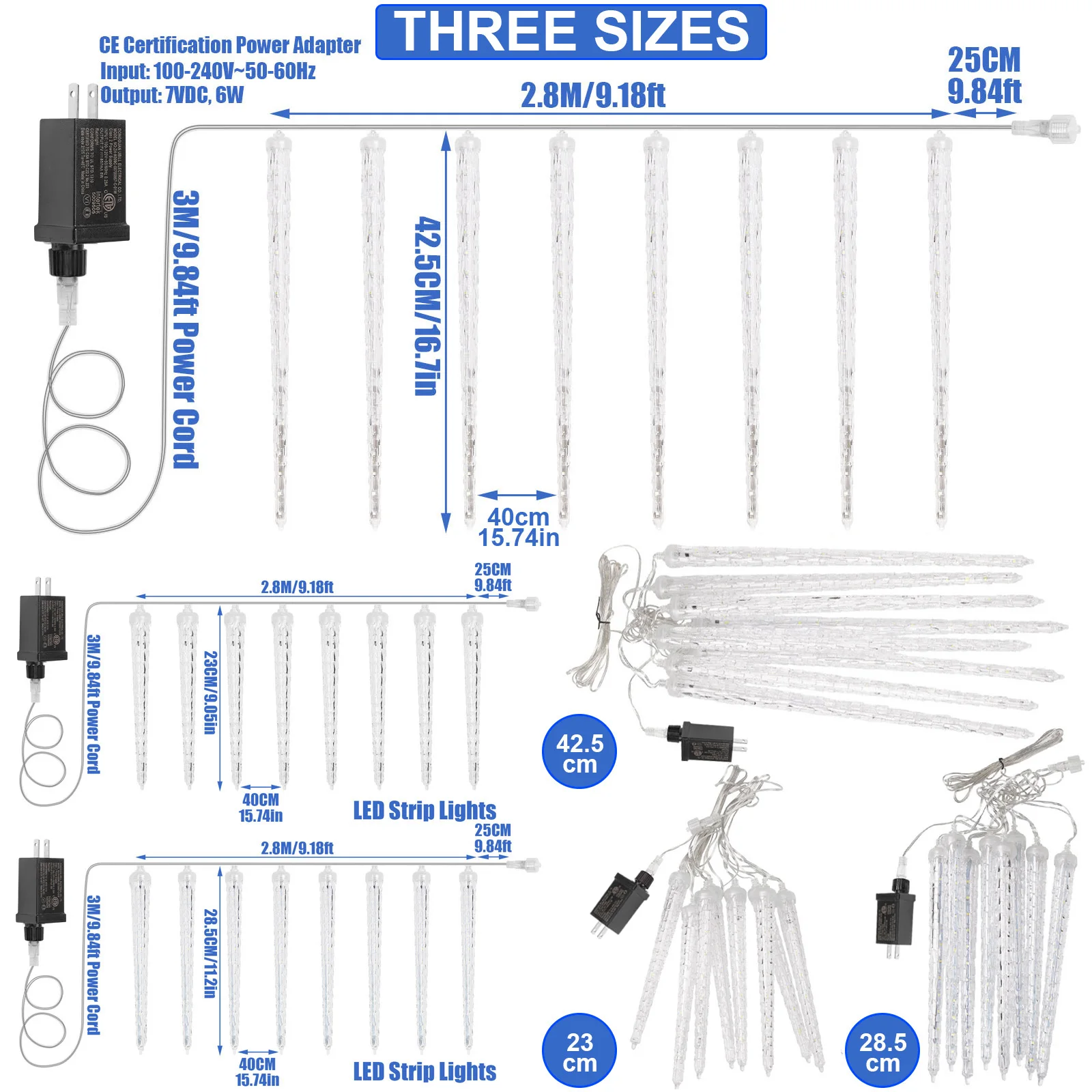 23/28.5/42.5cm chuva de meteoros luzes led à prova dwaterproof água ao ar livre natal cristal icicle caindo luz decoração da árvore de natal 8 tubos