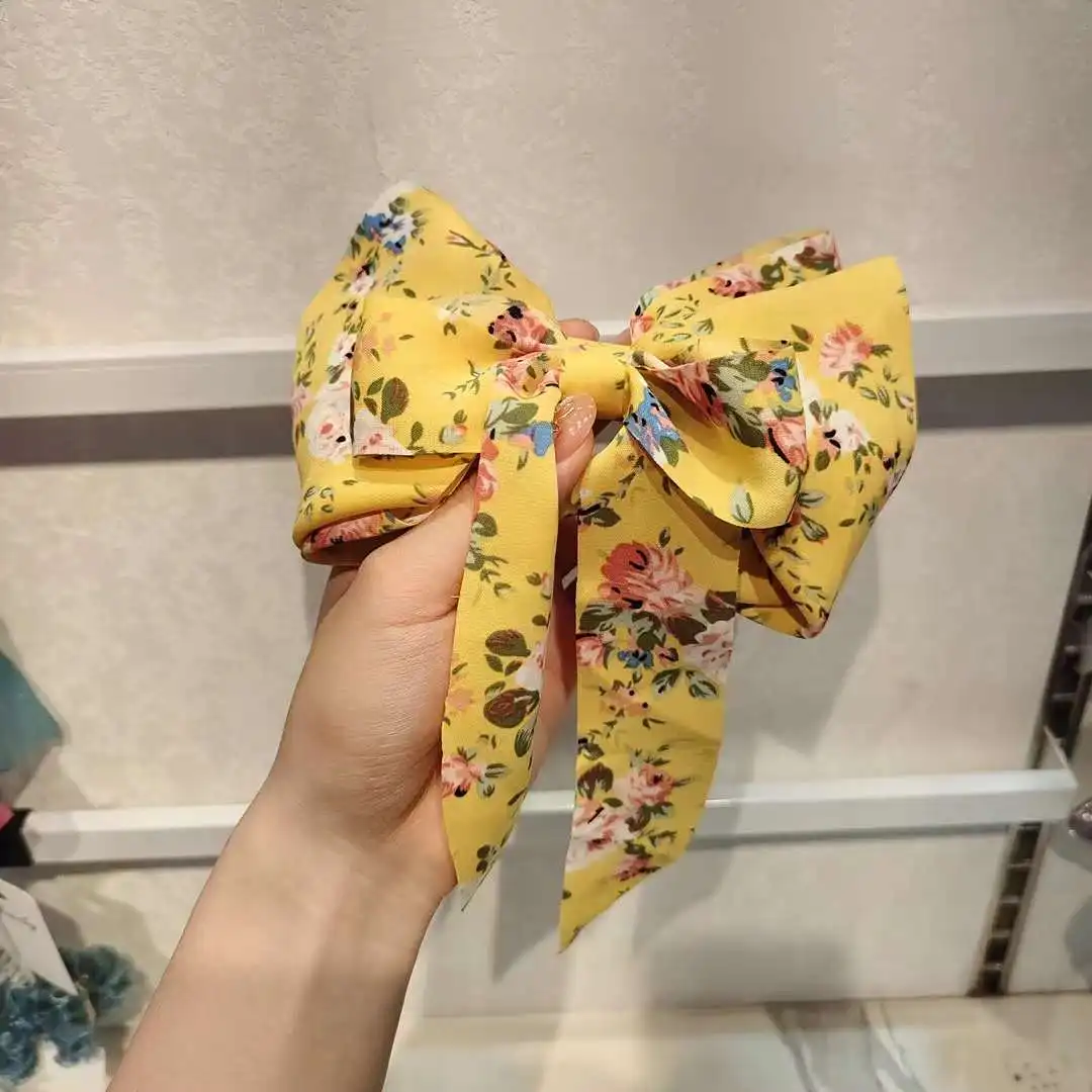 جديد الكورية طباعة Bowknot المشابك Pring الشيفون الشريط الحرير مشبك شعر الأميرة أغطية الرأس اكسسوارات غاسل ريباند دبوس الشعر