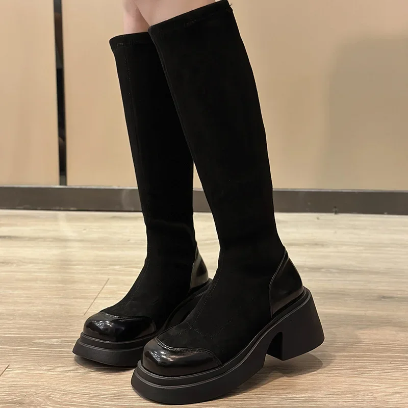 

Sock Boots 2024 Autumn New Thick Sole Shoes Women's Fashion Knee High Long Boots Lady Simple Square Heel Slim Elastic Boots