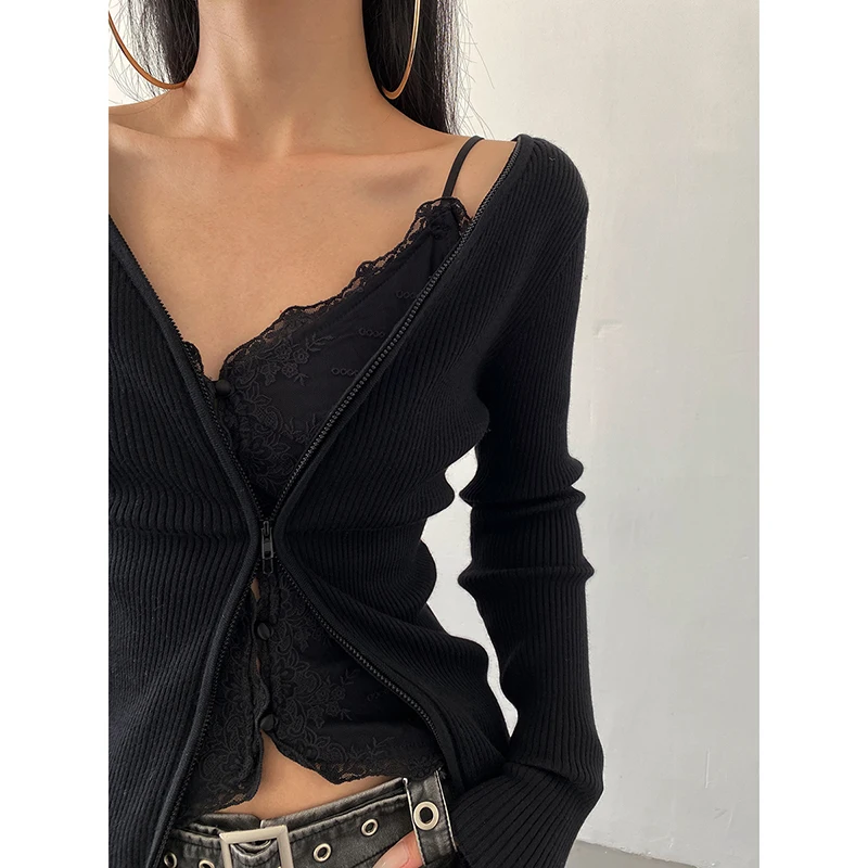 American Hot Girl Sweater Top Women's Zipper Can Wear Long -sleeved Slim -fitting Versatile Thin Wool Tight Jackets on Both Side