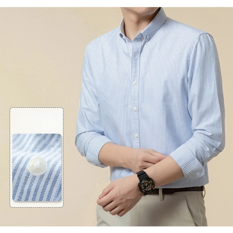 

100% Cotton Striped Dress Shirt - Light Blue Long Sleeve (Purple/Gray/Green) M-4XL Elastic Stretch Cuffs Autumn Business Casual