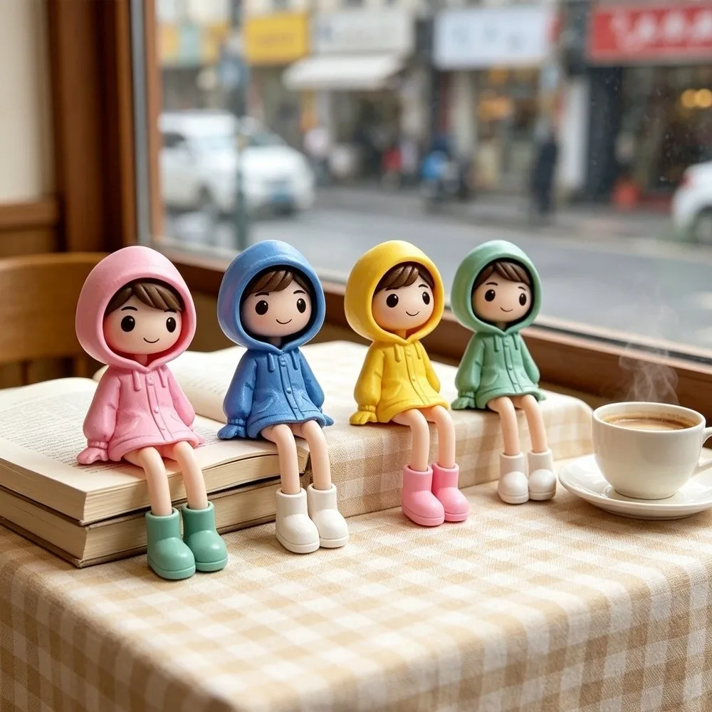 4Pcs PVC Raincoat Figurine Set Rain Boots Hand Painted Sitting Girl Mini Figurine DIY Craft Anti-Drop