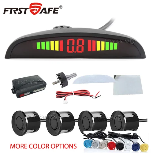 FirstSafe Factory-Kit de Sensor de estacionamiento LED para coche, 4 sensores, pantalla de retroiluminación de 22mm, Kit de Radar inverso, sistema de Monitor de 12V, 13 colores