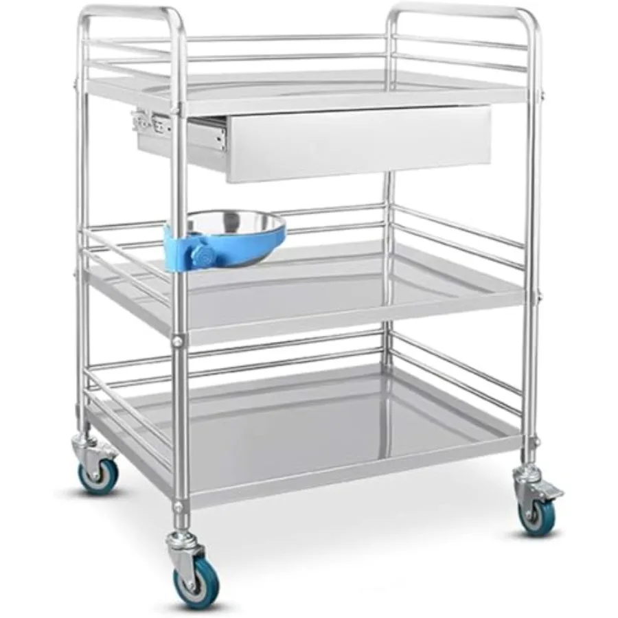 

3-Layer Stainless Steel Utility Cart with Drawers, Rolling Storage Trolley for Kitchen, Lab, Restaurants, and Hotels, 61x41x91c