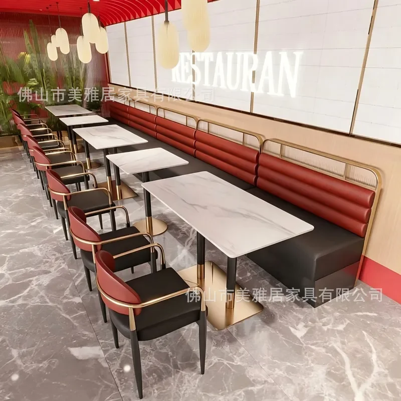 Custom Western Restaurant Hotel Soft Upholstered Wall Card Seat Sofa Rock Slate Large Round Table and Chair Set for Hot Pot