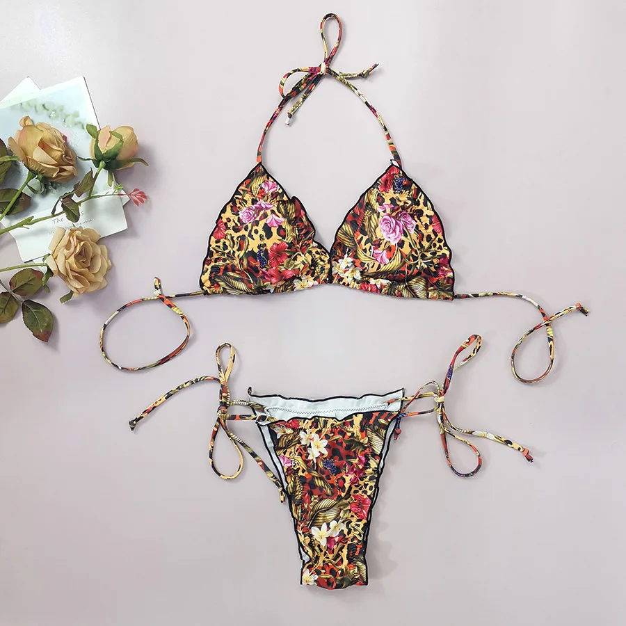 

Leopard Flower Swimwear Halter String Triangle Micro Bikini Thong 2025 Sexy Swimsuit Women Bathing Suit Ruffled Bikinis Sets