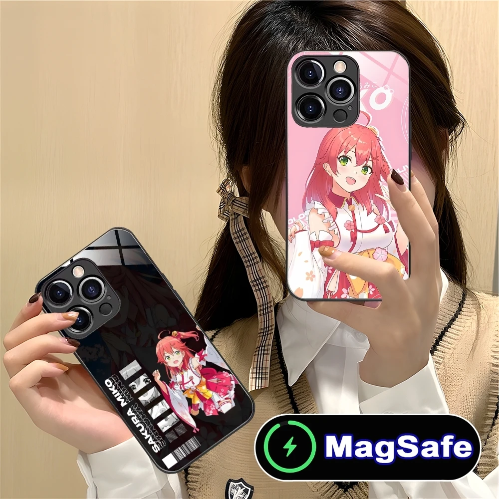 Holo Anime Sakura Miko Mobile Phone Case for iPhone 16 15 14 13 12 11 Pro Max Plus Mini MagSafe Wireless Charging Glass Cover