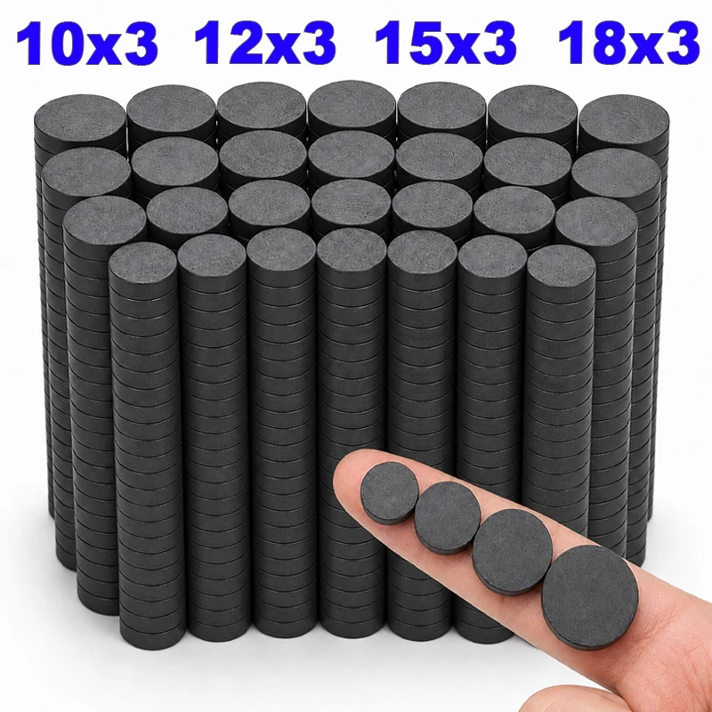 Ímã Forte Preto Redondo de Ferrite para Geladeira 10x3 12x3 15x3 18x3mm, Ímãs Magnéticos Permanentes para Alto-falantes, Ferragens