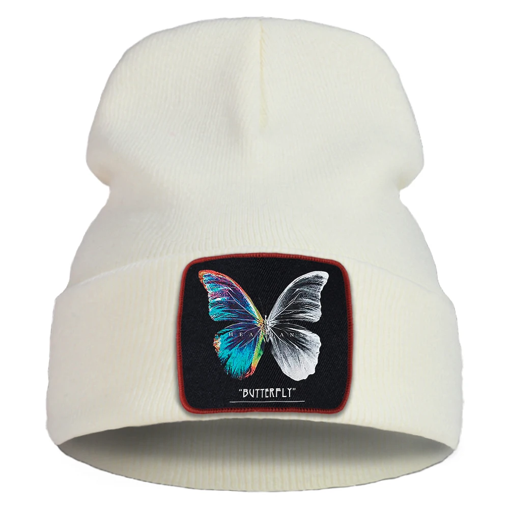 Butterfly Half Color Half Black And White Beanie Hats Windproof Casual Mens Hats Warm Outdoor Winter Punk Hat Unisex Men Hats