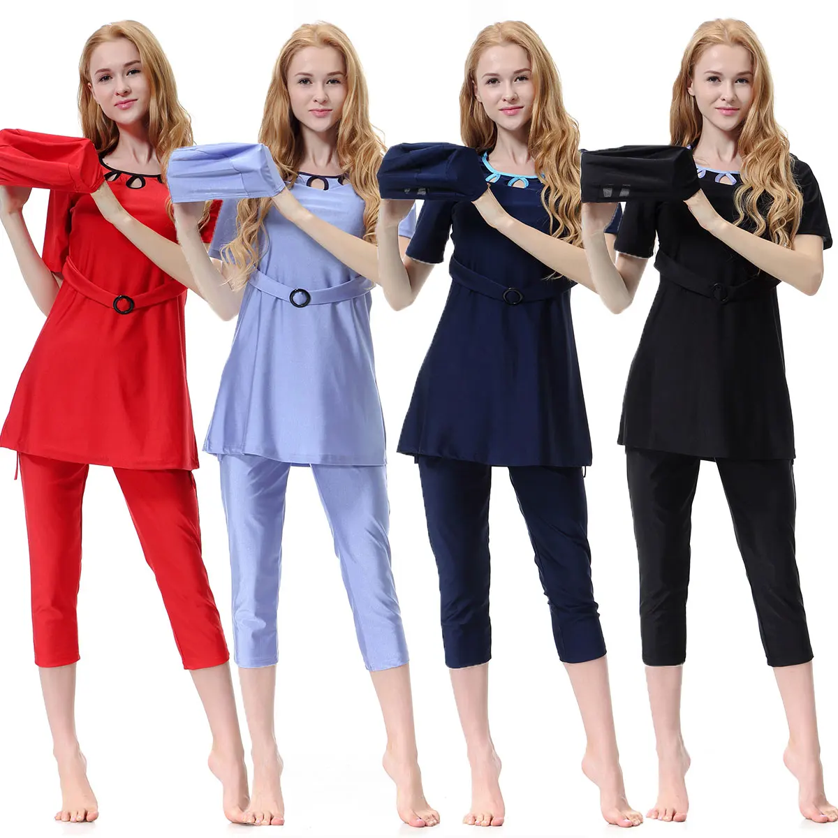 

S-3XL Fashion Islamic Muslim Swimsuit Burkini Women Ladies Short Sleeve 3pcs/set Quick Dry Solid Color Hollow Neck Sashes