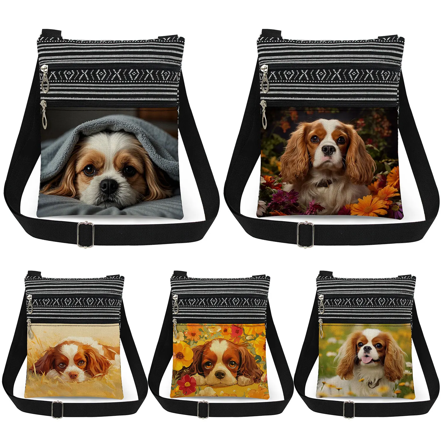 

King Charles Spaniel Printed Crossbody Bag Cute Animal Dog Messenger Bag Female Portable Double Zipper Lady Mini Shoulder Bags