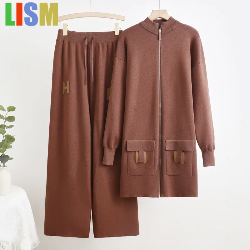 

LISM зимний женский наряд, одинаковый комплект, шерстяной костюм, свободный вязаный свитер с карманами на молнии, топ + свободные широкие брюки на шнурке