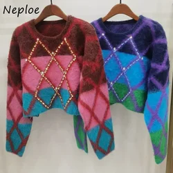 Neploe autunno inverno Vintage Jersey Mujer maglione Y2k O collo Argyle Contrast Color Pull Femme Diamonds Shiny manica lunga Jumpers