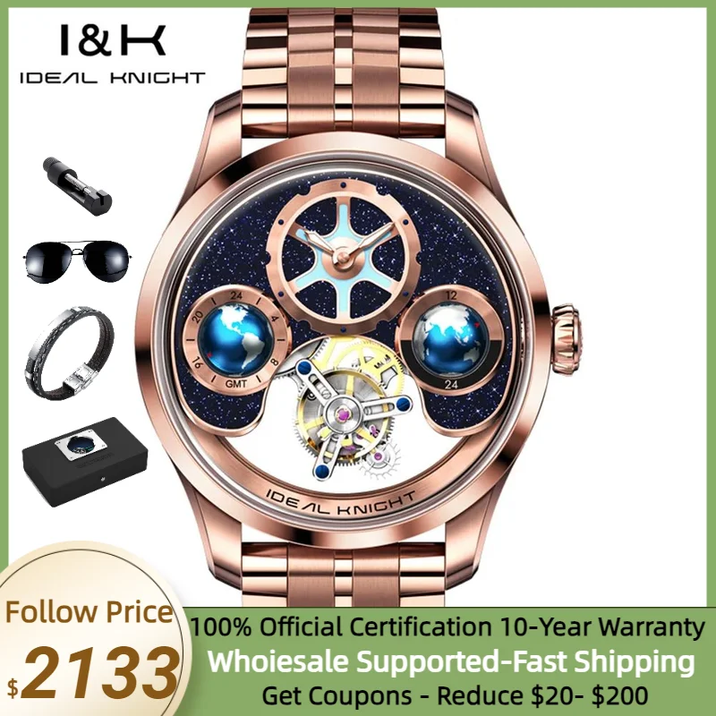 

Ideal Knight Automatic Mechanical Watch for Men Luxury Tourbillon Wristwatch Two Location Time Display Men's Watch (Blue Earth)