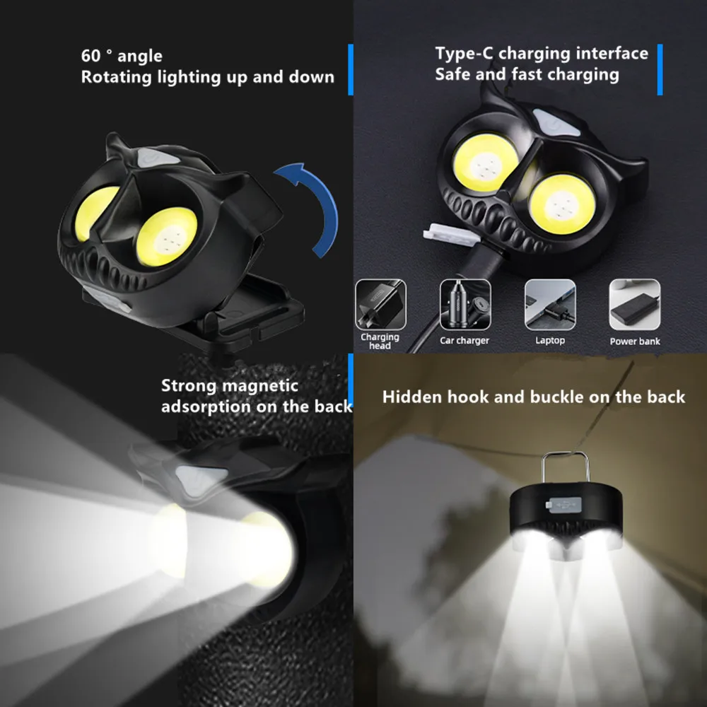 High Power COB LED Headlights Built-in Battery Magnetic Absorption Induction Small Creative Owl Headlamp