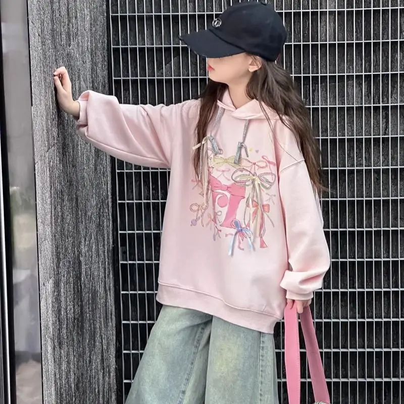 Girls' Cartoon Sweet Loose Korean Style Bowknot Sweatshirt for Middle-Large Kids Spring/Autumn 2025 Outerwear Top