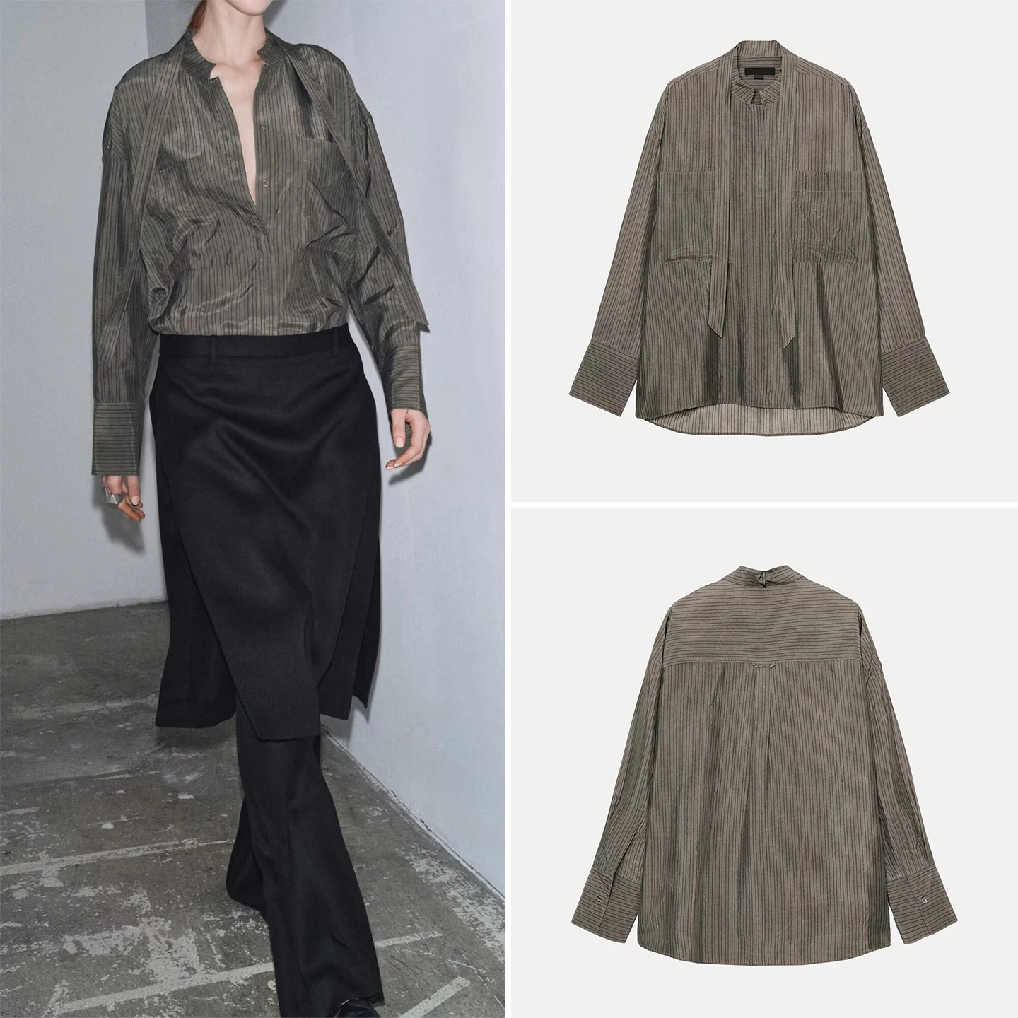 

Z Women's Faion irt Knot ket Design Ele Personali 2025 New Sle Loose Fit Long Sve Striped