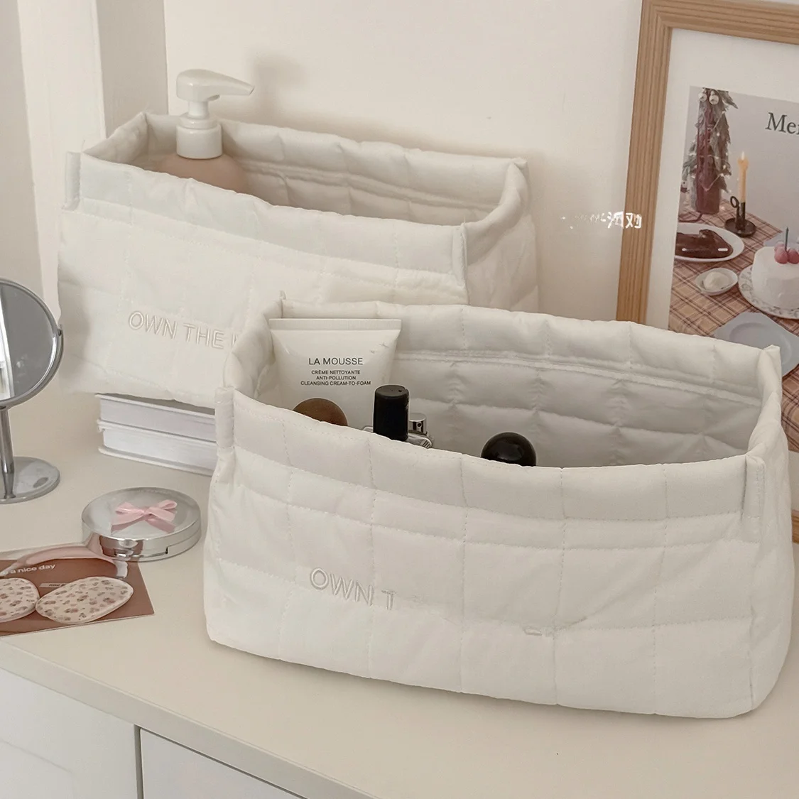 Pure White Rabbit Quilted Desktop Storage Box Home Beauty Supplies Square Storage Basket Simple Cream Style Organizer