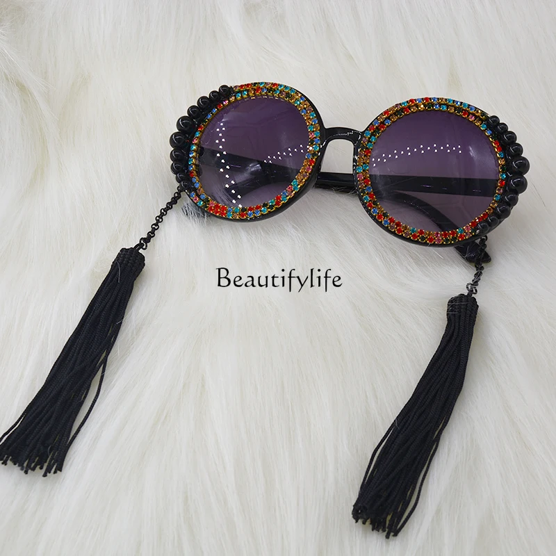 Black Sunglasses Rhinestone Pearl Polarized Square Sunglasses Female Disco Big Rim round Face Street Shot