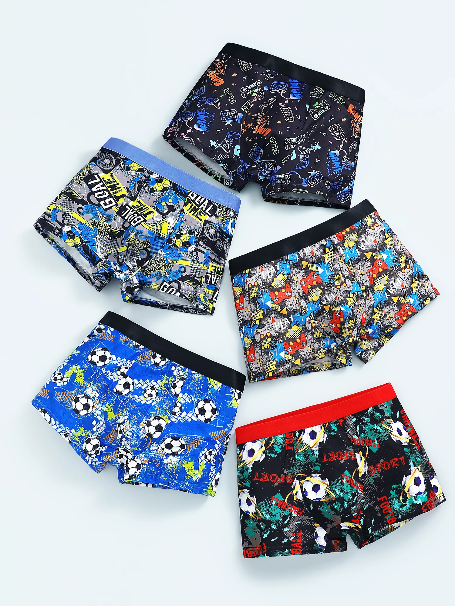 5-Piece Mixed Pack of Boys' Underwear, Street Style Cool Boy Print Graffiti, Home Casual Soft and Comfortable Children's Boxer Briefs Suitable for Ages 8-12