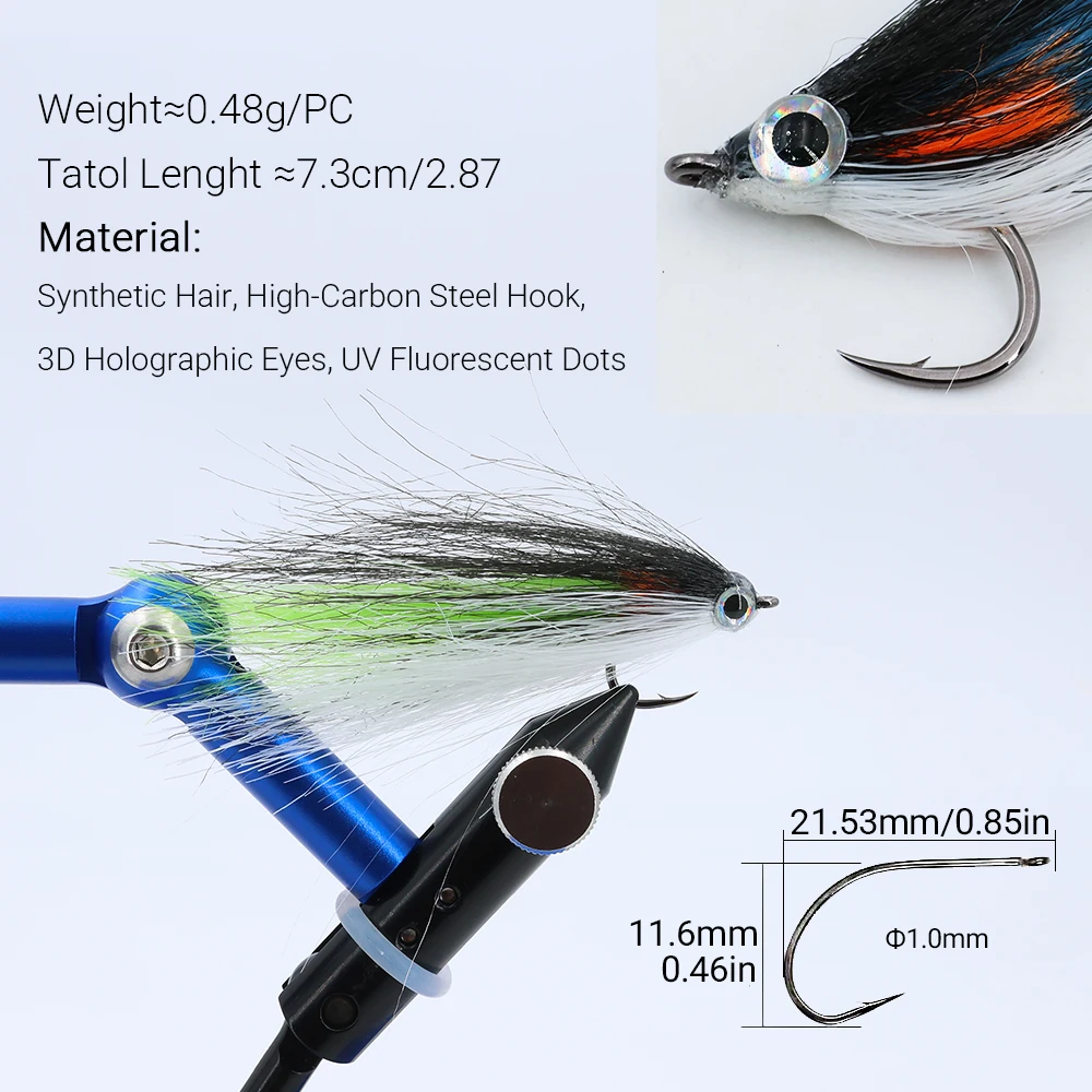 ICERIO 4er-Set Köderfisch-Streamer-Fliegen mit UV-Leuchtpunkt, 3-farbige Kunsthaar-Minnow-Köder für Barsch, Hecht, Forelle, Süß- und Salzwasserfischen – Detail 2