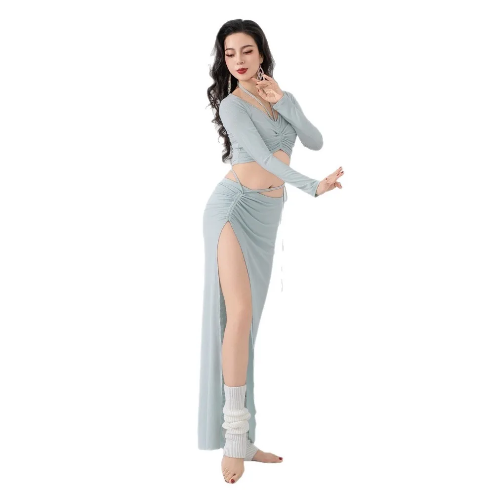 

New Knit Belly Dance Training Costume Drawstring Top Half Skirt Soft Outfit For Women Oriental Dance Daily Practice Wear Style