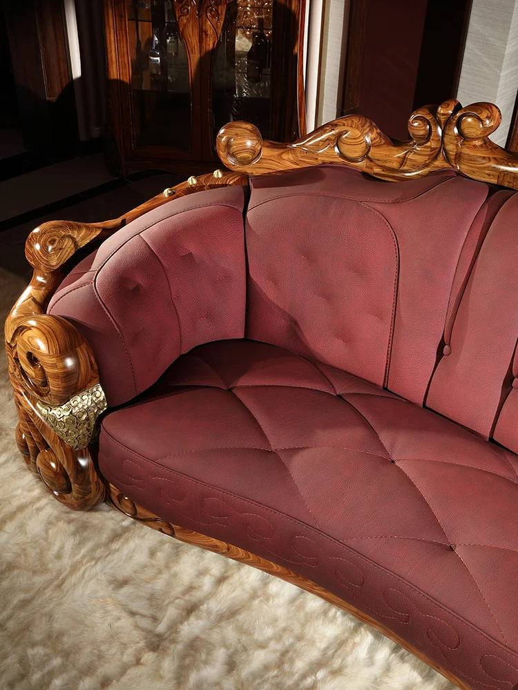 ヨーロッパの革張りの無垢材ソファ組み合わせヴィラ大型アパートハイエンド高級黒檀木彫りの花家具K3