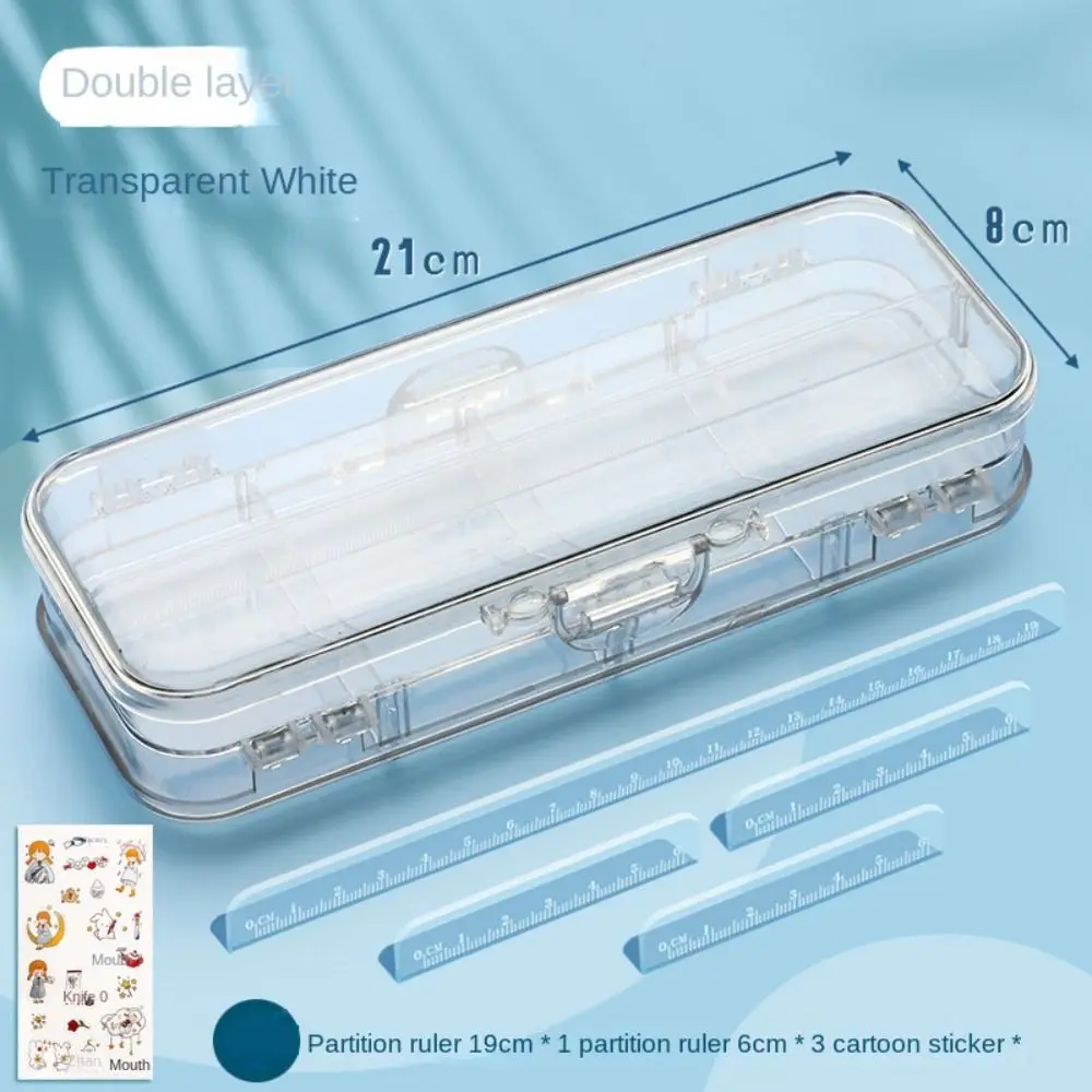 Imagem -06 - Double Deck Pencils Box Clear Régua Removível Dividindo Pen Case Grande Capacidade com Snap Lid Papelaria Box para Estudantes