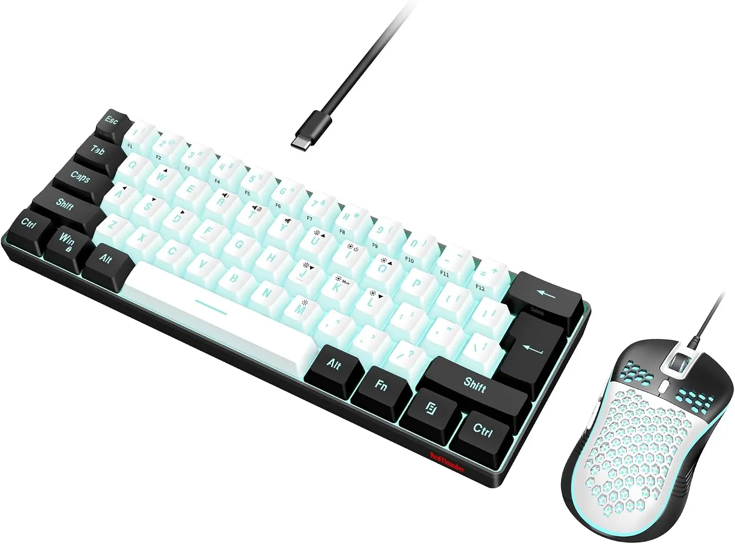 Torvani Store RedThunder 60% Gaming Keyboard and Mouse Combo, Ultra-Compact 61-Key RGB Backlit Mini Keyboard, Lightweight 7200 DPI Honeycomb Optical Mouse, RGB Wired Gaming Set for PC PS5 Xbox Gamer(White-Black)